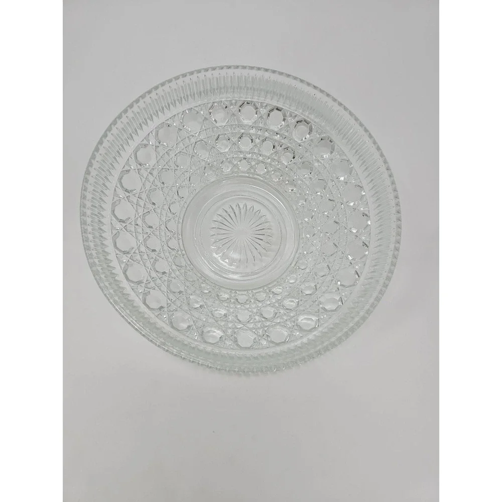 Vintage Clear Pressed Glass Serving Bowl Diamond‎ Point Thumbprint Starburst 8in